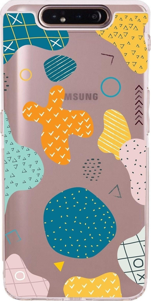 Samsung Galaxy A90 Kamera Korumalı Kapak Geometrik Şekiller Tasarımlı Şeffaf Kılıf