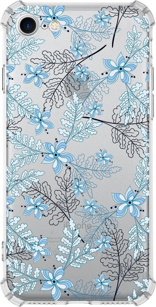 Iphone Se 2020 Uyumlu Köşe Korumalı Antişok Kapak Floral Mavi Tasarımlı Şeffaf Kılıf