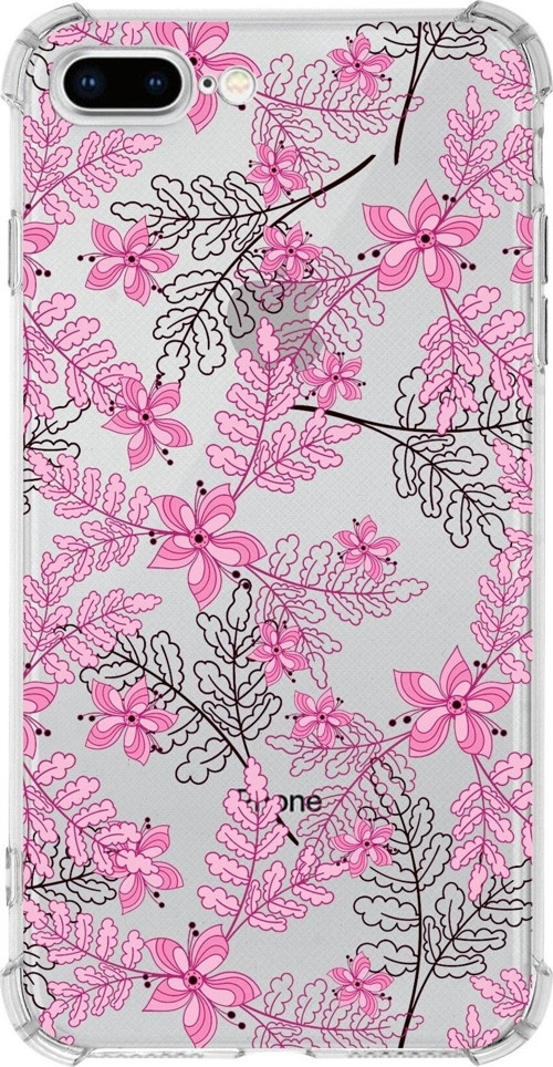Iphone 8 Plus Uyumlu Köşe Korumalı Antişok Kapak Floral Pembe Tasarımlı Şeffaf Kılıf