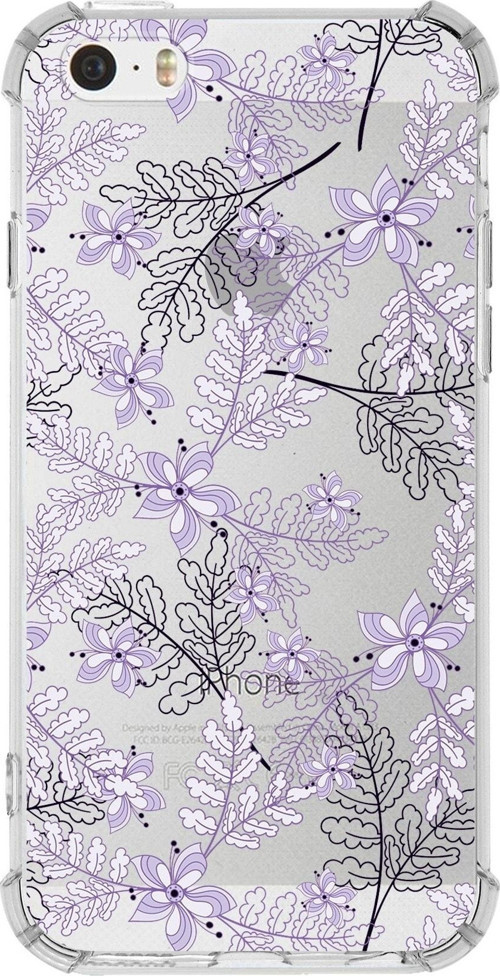 Iphone 5Se Uyumlu Köşe Korumalı Antişok Kapak Floral Lila Tasarımlı Şeffaf Kılıf