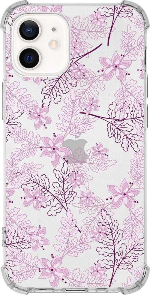 Iphone 12 Uyumlu Köşe Korumalı Antişok Kapak Floral Pudra Tasarımlı Şeffaf Kılıf
