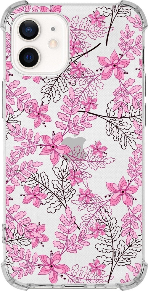Iphone 12 Uyumlu Köşe Korumalı Antişok Kapak Floral Pembe Tasarımlı Şeffaf Kılıf