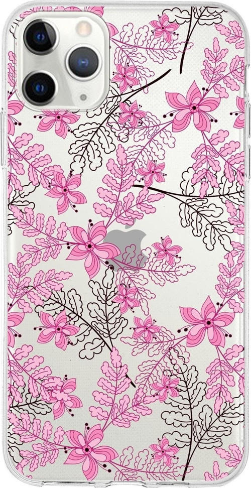 Iphone 11 Promax Uyumlu Kapak Floral Pembe Tasarımlı Şeffaf Silikon Kılıf