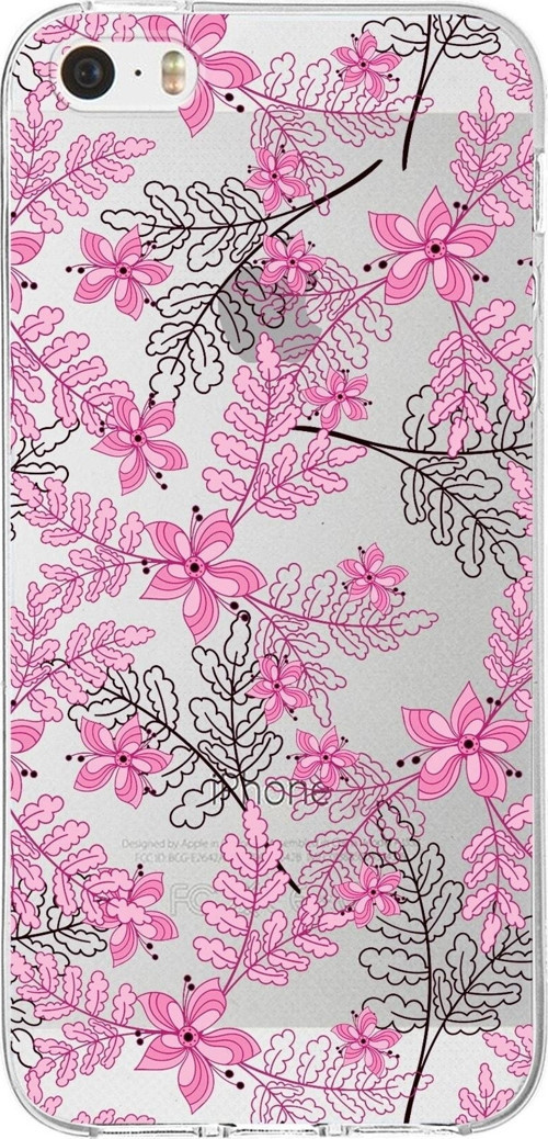 Iphone 5 Uyumlu Kapak Floral Pembe Tasarımlı Şeffaf Silikon Kılıf