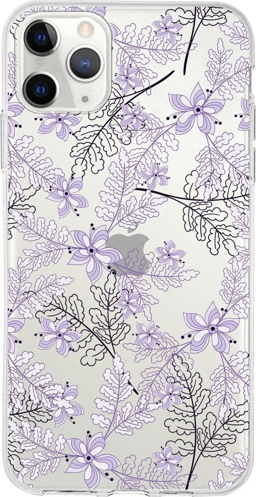 Iphone 11 Promax Uyumlu Kapak Floral Lila Tasarımlı Şeffaf Silikon Kılıf