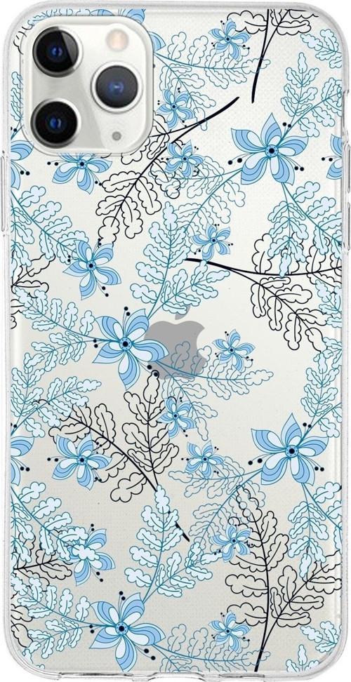 Iphone 11 Promax Uyumlu Kapak Floral Mavi Tasarımlı Şeffaf Silikon Kılıf