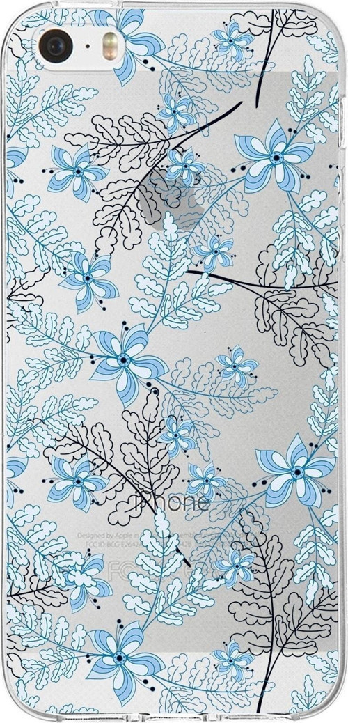 Iphone 5 Uyumlu Kapak Floral Mavi Tasarımlı Şeffaf Silikon Kılıf