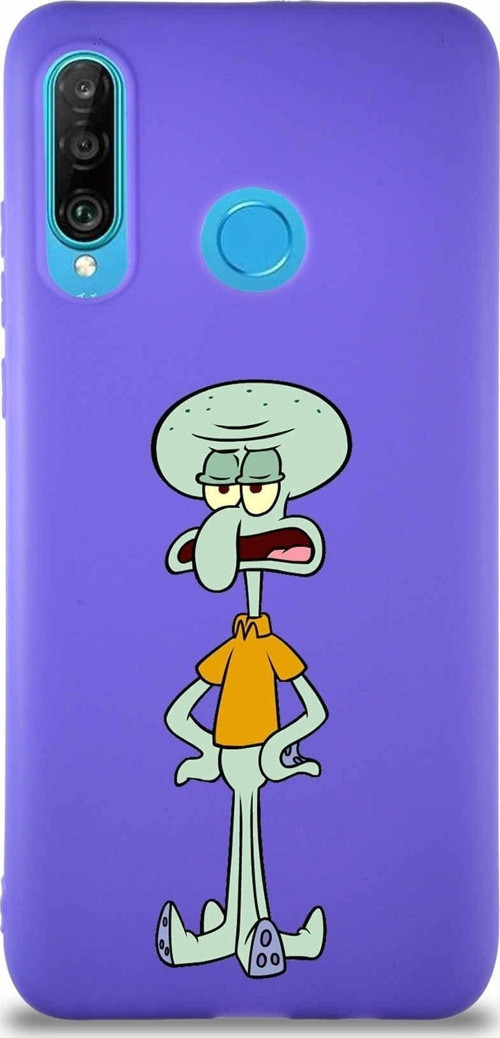 Huawei P30 Lite Soft Premier Kapak Squidward Dokunaç Tasarımlı Silikon Kılıf - Mor