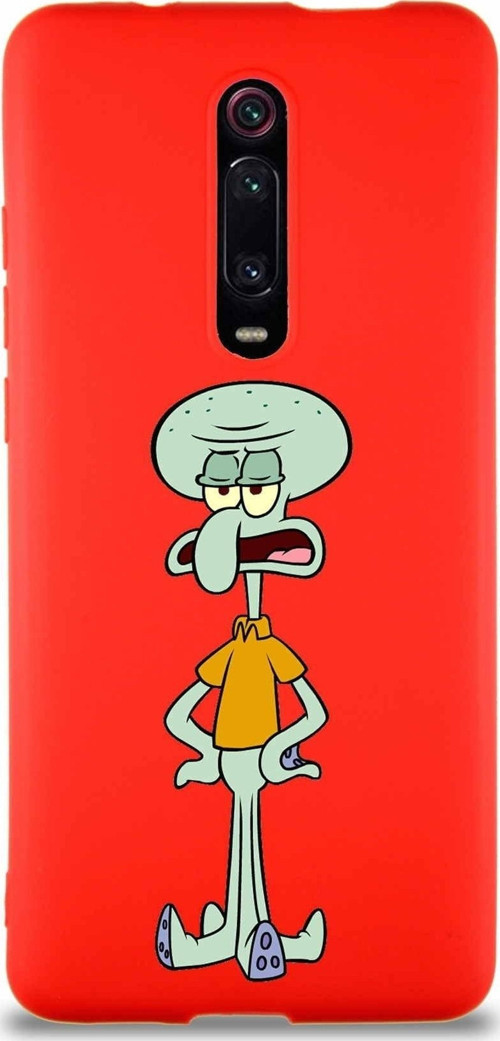 Xiaomi Mi 9T Soft Premier Kapak Squidward Dokunaç Tasarımlı Silikon Kılıf - Kırmızı