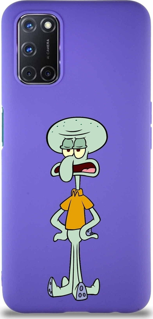 Oppo A72 Soft Premier Kapak Squidward Dokunaç Tasarımlı Silikon Kılıf - Mor