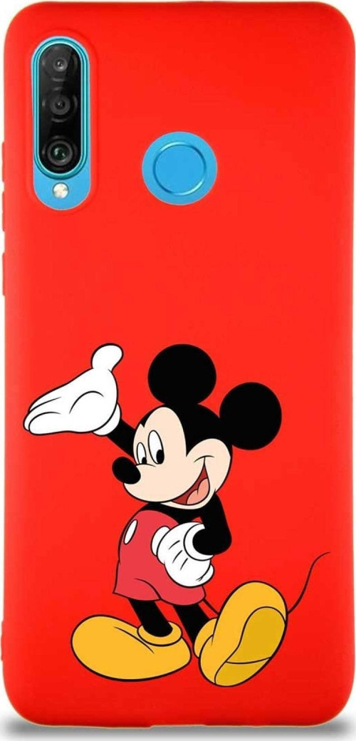 Huawei P30 Lite Soft Premier Kapak Mickey Mouse-C Tasarımlı Silikon Kılıf - Kırmızı