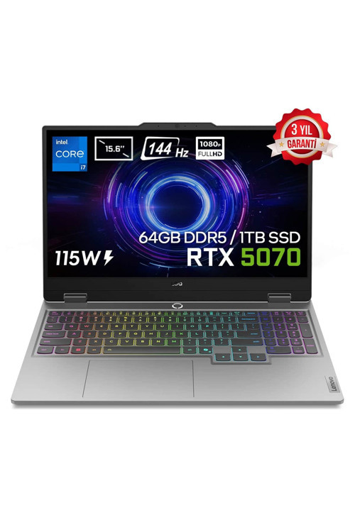 LOQ 15IRX10 Intel Core i7-13650HX 64GB DDR5 1TB SSD RTX 5070 8GB 115W 15.6 inç Full HD 144Hz IPS FreeDos Gaming Laptop (83JE00EWTRv6)