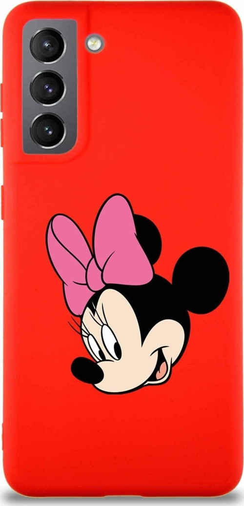 Samsung Galaxy S21 Soft Premier Kapak Minnie Mouse-B Tasarımlı Silikon Kılıf - Kırmızı