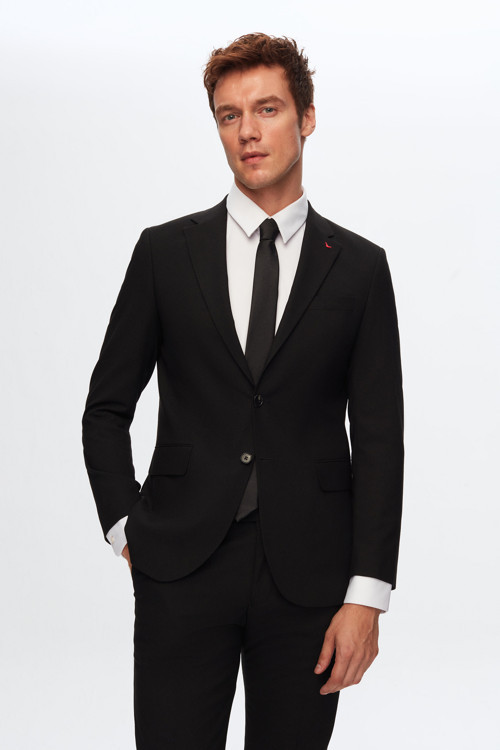 Slim Fit Siyah Düz Likralı Esnek Mono Yaka Çift Yırtmaçlı Astarlı Takim Elbise