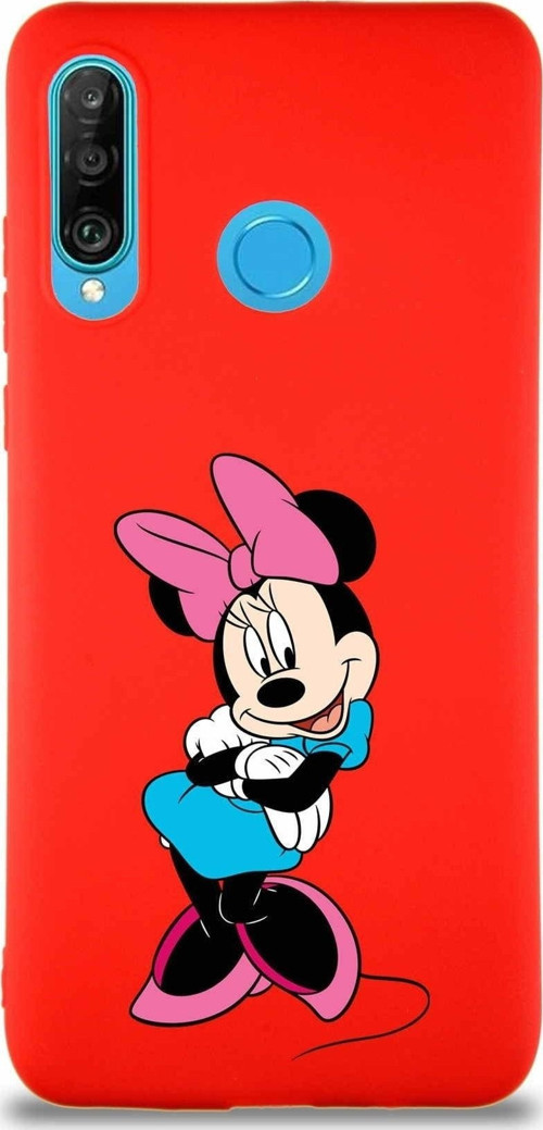 Huawei P30 Lite Soft Premier Kapak Minnie Mouse-D Tasarımlı Silikon Kılıf - Kırmızı