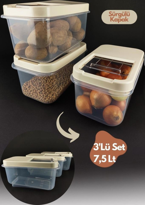 Multibox 3’lü Sürgü Kapaklı Çok Amaçlı Erzak Deterjan Saklama Kabı 7,5 Lt Krem – 00765 C320.037