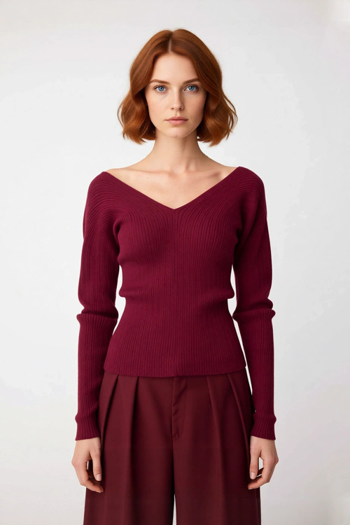 Kadın Casual Fitted Triko Kazak V Yaka Standart Kollu Ajurlu Detaylı İnce Yapısıyla Günlük Şıklık