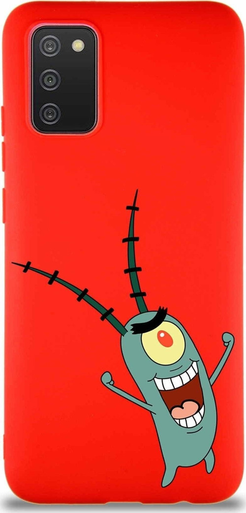 Samsung Galaxy A02S Soft Premier Kapak Plankton Tasarımlı Silikon Kılıf - Kırmızı