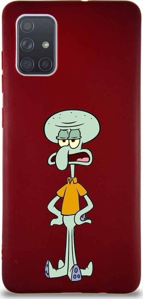 Samsung Galaxy A71 Soft Premier Kapak Squidward Dokunaç Tasarımlı Silikon Kılıf - Mürdüm