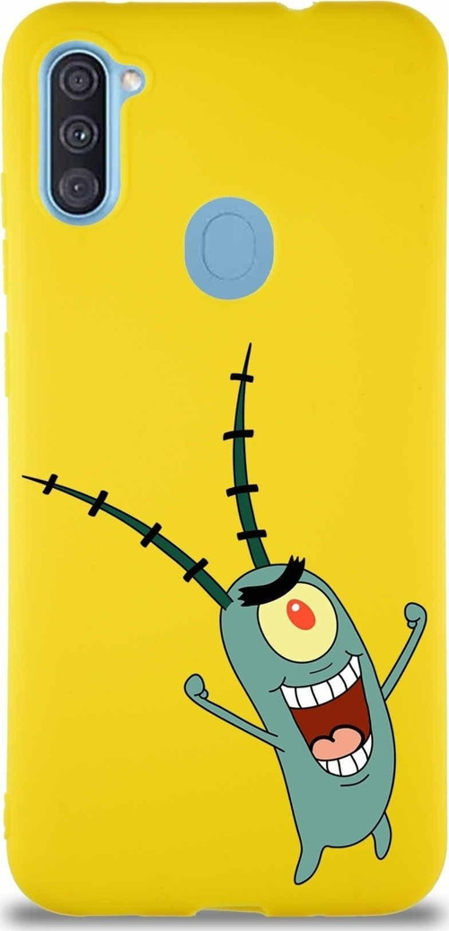 Samsung Galaxy M11 Soft Premier Kapak Plankton Tasarımlı Silikon Kılıf - Sarı