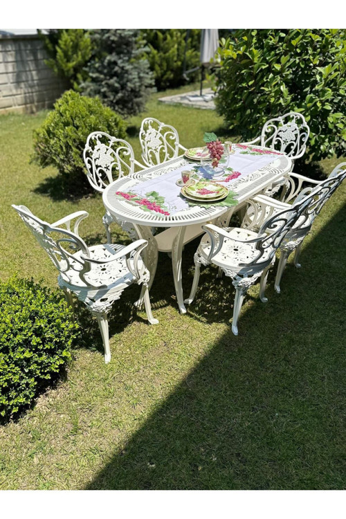 Ceritti Isparta Model Ferforje Görünümlü Plastik 6 Kişilik Oval Masa Ve Sandalye Takım 6 Sandalye 1 Masa