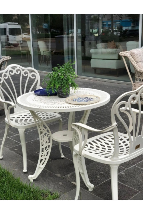 Ceritti Istanbul Model Ferforje Görünümlü 60 Cm Çap Plastik Masa Ve 2 Sandalye Balkon Takımı