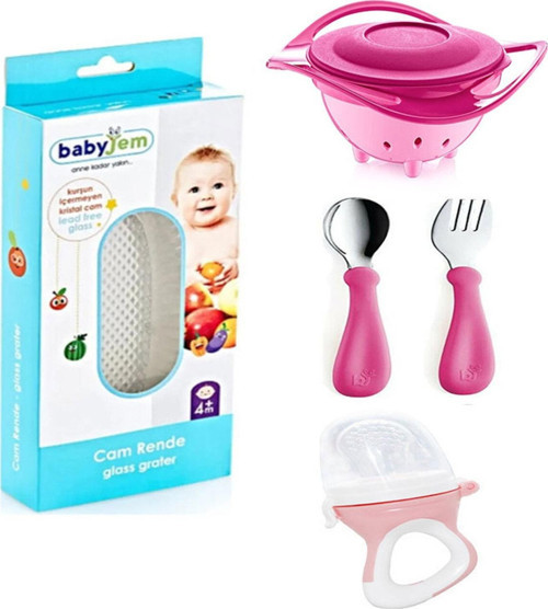 Dökülmeyen Tabak Pembe + Paslanmaz Çelik Çatal Kaşık + Cam Rende + Silikon Uçlu Meyve Sebze Emziği