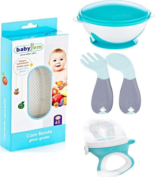 Vakumlu Mama Tabağı Mavi + Açılı Mama Kaşık Çatal + Silikon Uçlu Meyve Sebze Emziği + Cam Rende