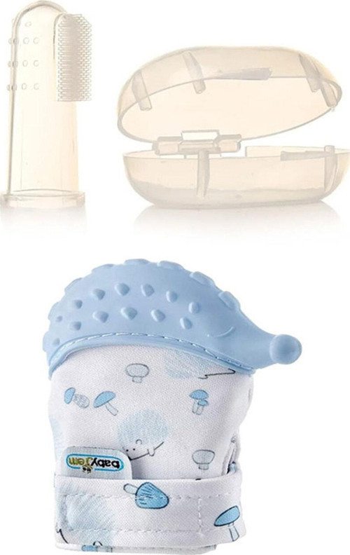 Diş Kaşıyıcı Eldiven Kirpi Mavi + Bebek Parmak Diş Fırçası - Saklama Kutulu