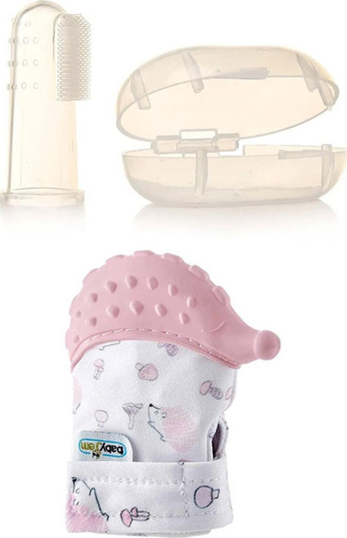 Diş Kaşıyıcı Eldiven Kirpi Pembe + Bebek Parmak Diş Fırçası - Saklama Kutulu