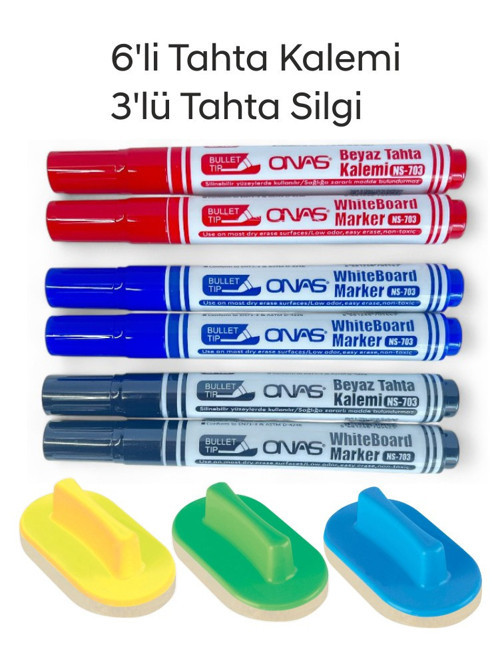 NS-703 Yuvarlak Uç Beyaz Yazı Tahta Kalemi 6 lı Set Kraf 575G Tahta Silgisi 3 lü Set