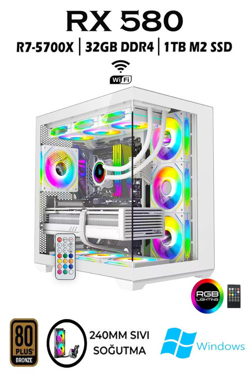 REBİTRH W45 Ryzen 7 5700X | 32GB RAM | 1TB M2 SSD | RX580 8GB | Sıvı Soğutmalı Beyaz Masaüstü Oyuncu Bilgisayarı