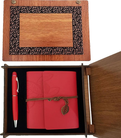 Ahşap Kutulu Kırmızı Deri Defter Metal Kalem Set