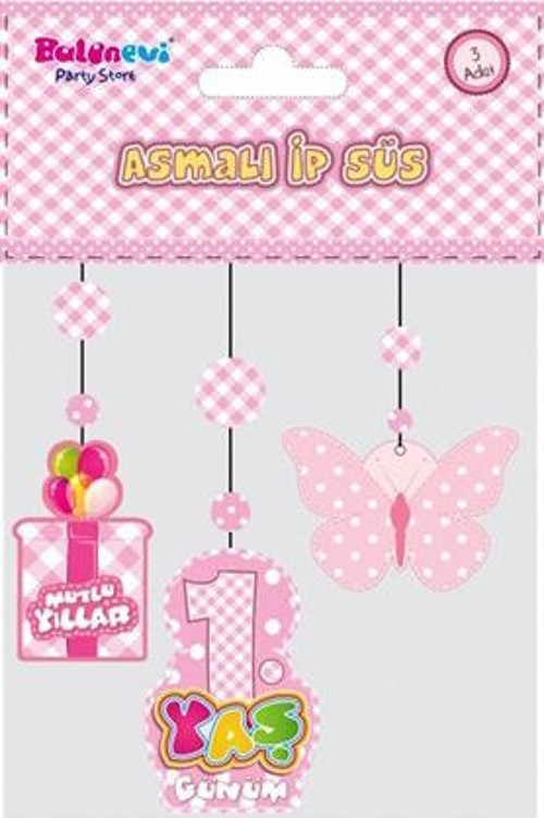 Parti 1 Yaş Temalı Asmalı İp Süs Pembe Renk 3 lü Set 12x45 cm