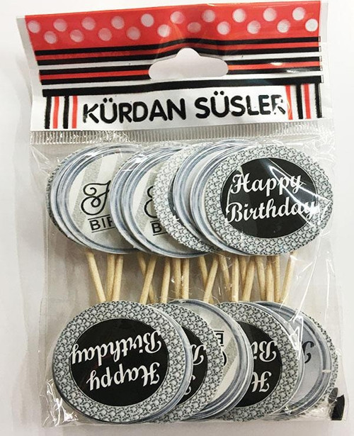 Parti Aksesuar Gümüş Siyah Happy Birthday Parti Kürdan Süsü 20 Adet