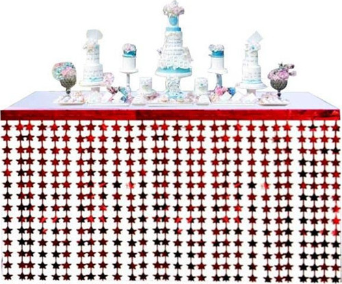 Parti Püsküllü Işıltılı Metalize Kırmızı Yıldızlı Masa Eteği 75x360 cm