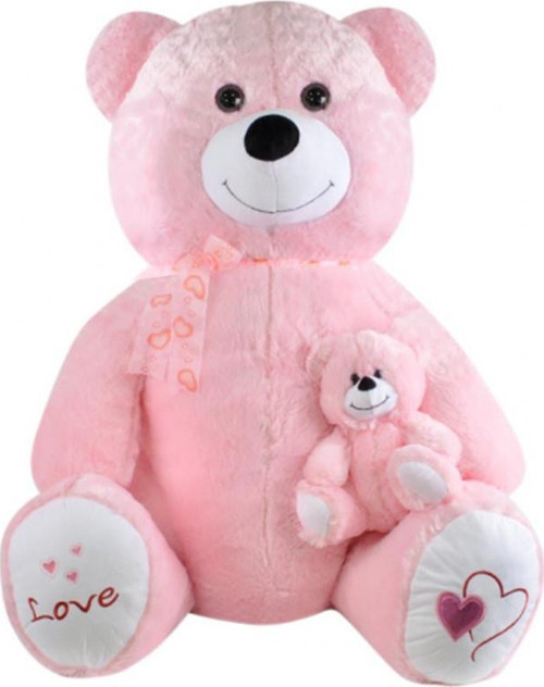Yavrulu Ayı 95 cm Pembe Kalpli Pelüş Ayı Sevgiliye Hediye