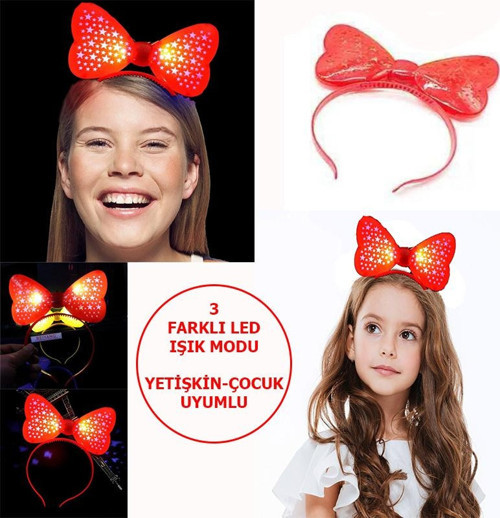 Led Işıklı Pilli 3 Farklı Modda Yanan Yıldızlı Fiyonk Parti Tacı Kırmızı Renk 19x15 cm