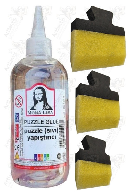 Puzzle Yapıştırıcı 250 ml 1 Adet ve Yassı Patpat Sünger Fırça Seti 3 lü Monalisa Yapboz Pazıl Yapıştırıcısı Şeffaf
