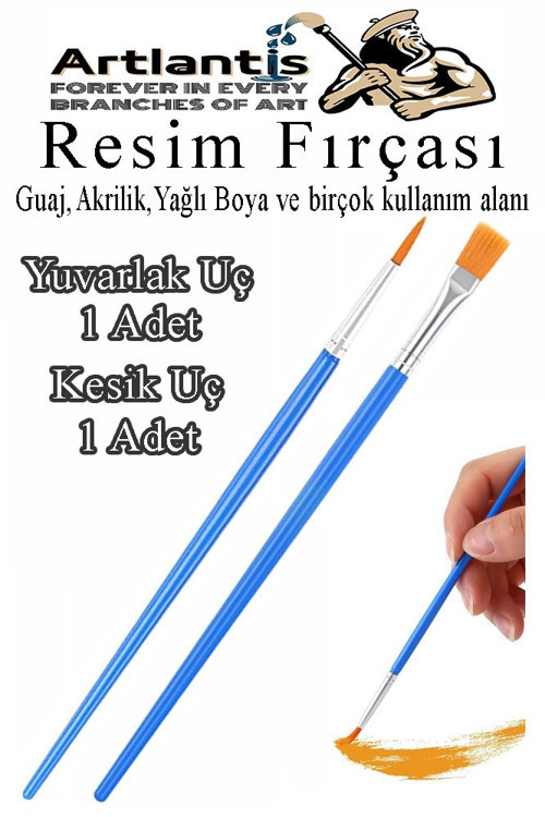 Resim Fırçası Kesik ve Yuvarlak Uçlu 2 Adet Sentetik Fırça Ekonomik Suluboya Akrilik Boya Guaj Boya Yağlı Boya Resim