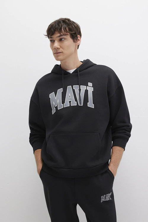 Erkek Logo Baskılı Kapüşonlu Sweatshirt M067149 Siyah