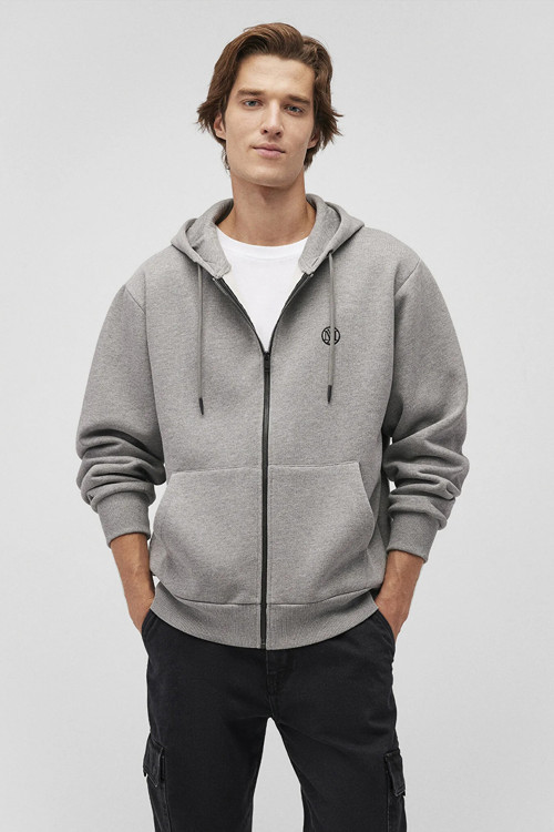 Erkek Logolu Kapüşonlu Fermuarlı Sweatshirt M066979 Gri Melanj