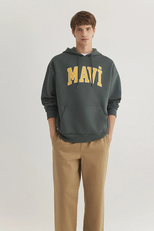 Erkek Logo Baskılı Kapüşonlu Sweatshirt M067149 Koyu Yeşil