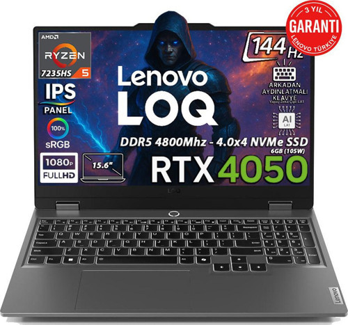 LOQ 15ARP9 AMD Ryzen 5 7235HS 16GB 512GB SSD RTX 4050 6GB (105W) 15.6" FHD IPS 144Hz Fdos 83JC00H4TR