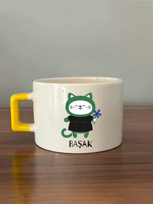 Başak Burcu Ve Onla Alakalı Komik Açıklama Baskılı Sarı Kulplu Yeşil Kedili C Fincan