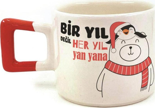 Bir Yıl Değil Her Yıl Yan Yana Penguen Baskılı Kırmızı Kulplu Kare Yılbaşı Kupası