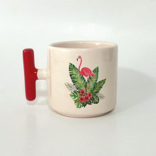 Flamingo Baskılı Kırmızı Kulplu T Kupa