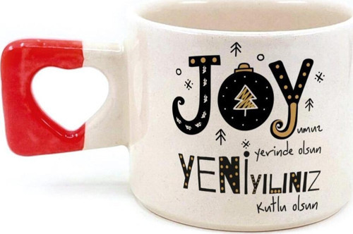Joyumuz Yerinde Olsun Baskılı Kırmızı Kulplu Kalp Yılbaşı Kupası