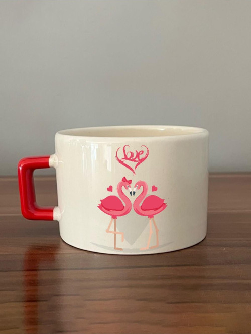 Love Flamingolar Baskılı Kırmızı Kulplu C Fincan