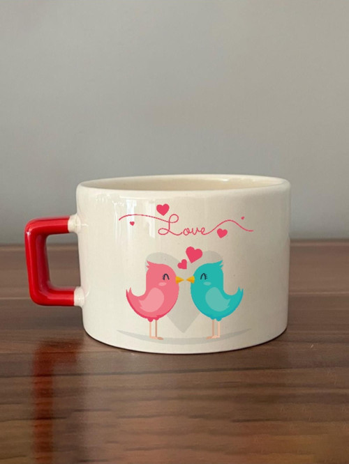 Love Kuşlar Baskılı Kırmızı Kulplu C Fincan